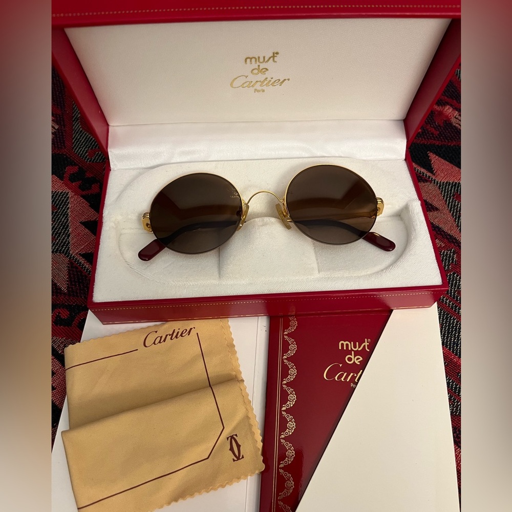 Cartier Mayfair Round Half Frame Gold 47mm Brown Lens France Sunglasses.